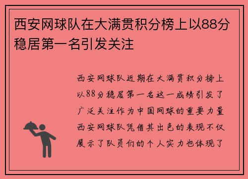 西安网球队在大满贯积分榜上以88分稳居第一名引发关注